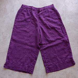 FLAX Pants M Linen Wide Leg Cropped Capri High Waist Pull On Purple